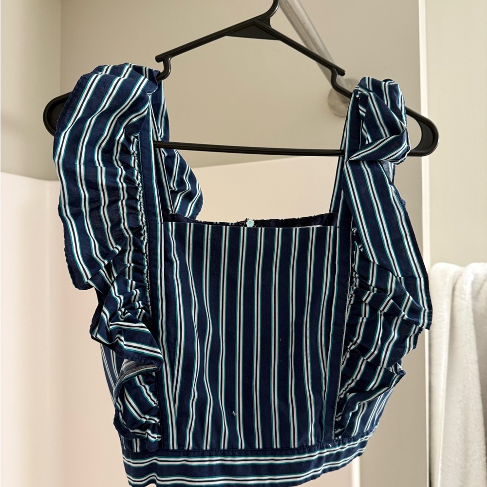 English Factory Blue Ruffled Crop Blouse